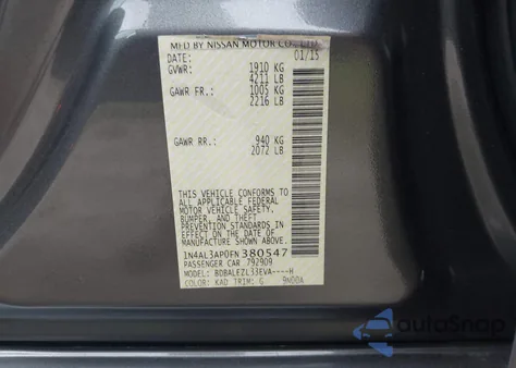 2015 Nissan Altima 2.5 S z USA, uszkodzony, nr VIN 1N4AL3AP0FN380547